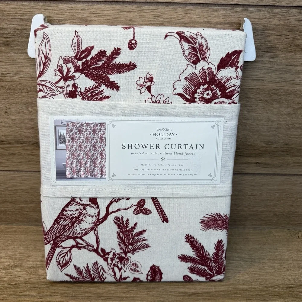 Envogue Holiday Collection Shower Curtain Cream Burgundy Winter Cardinal Toile